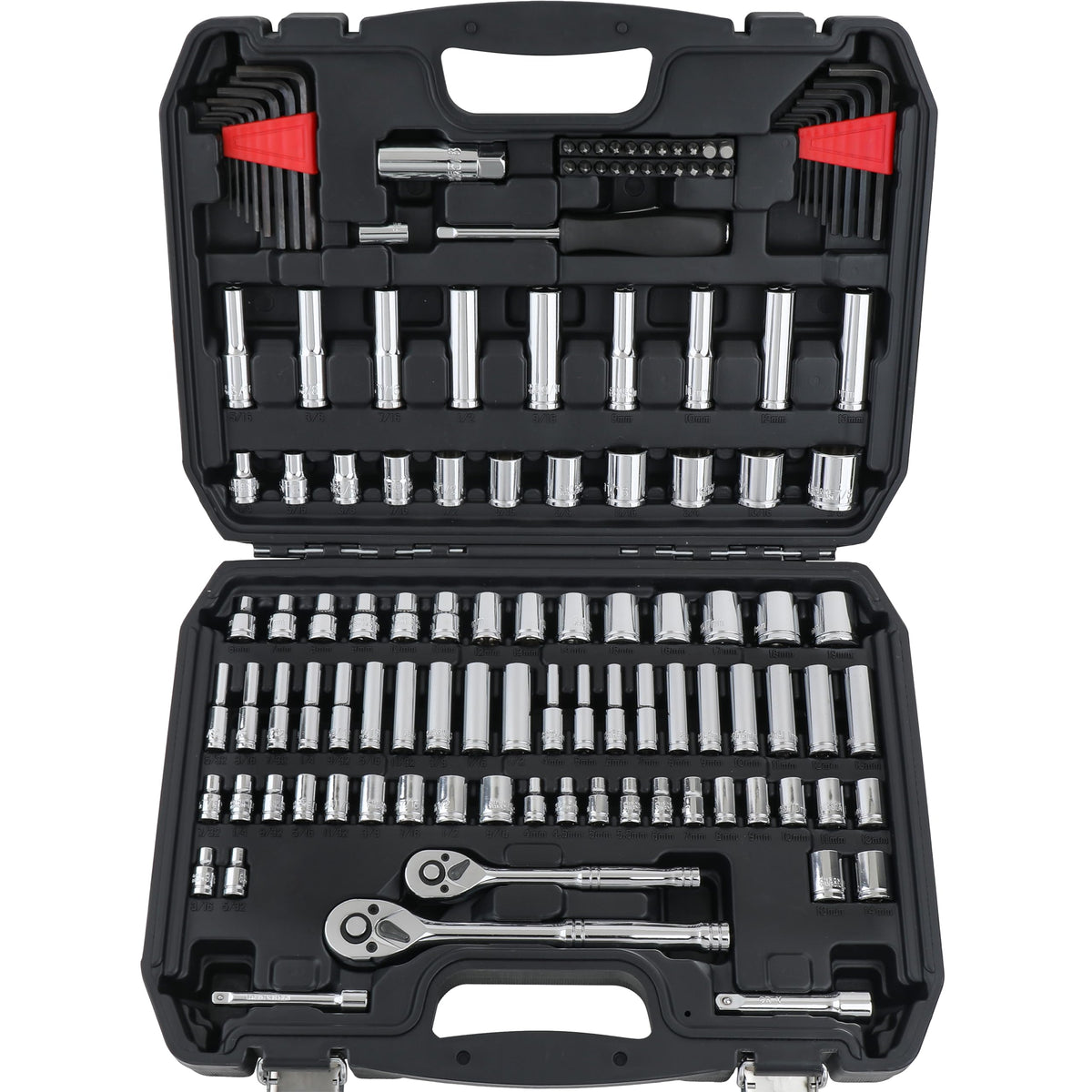 Amazon Basics mechanic tool socket set case 123-piece keeps tools organized and portable.