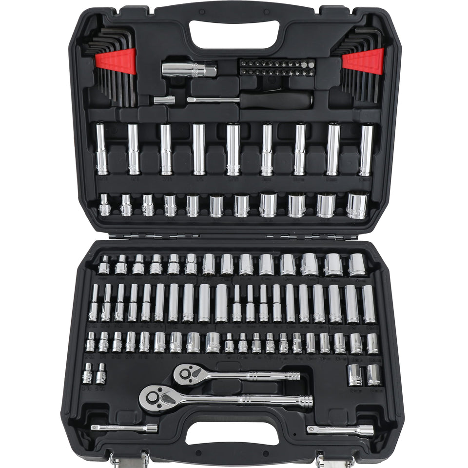 Amazon Basics mechanic tool socket set case 123-piece keeps tools organized and portable.