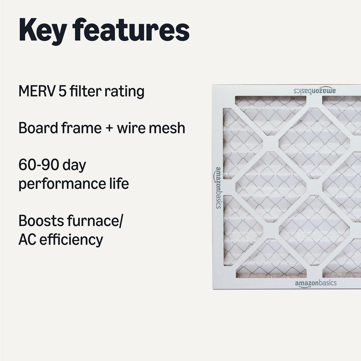 Amazon Basics MERV5 AC furnace air filter frame closeup highlights durable frame and secure fit.