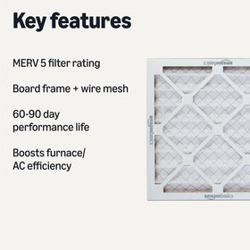 Amazon Basics MERV5 AC furnace air filter frame closeup highlights durable frame and secure fit.
