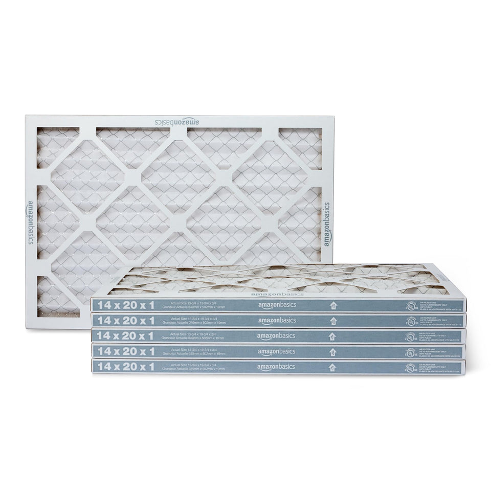 Amazon Basics MERV5 filter packaging close-up shows easy replacement for cleaner air.
