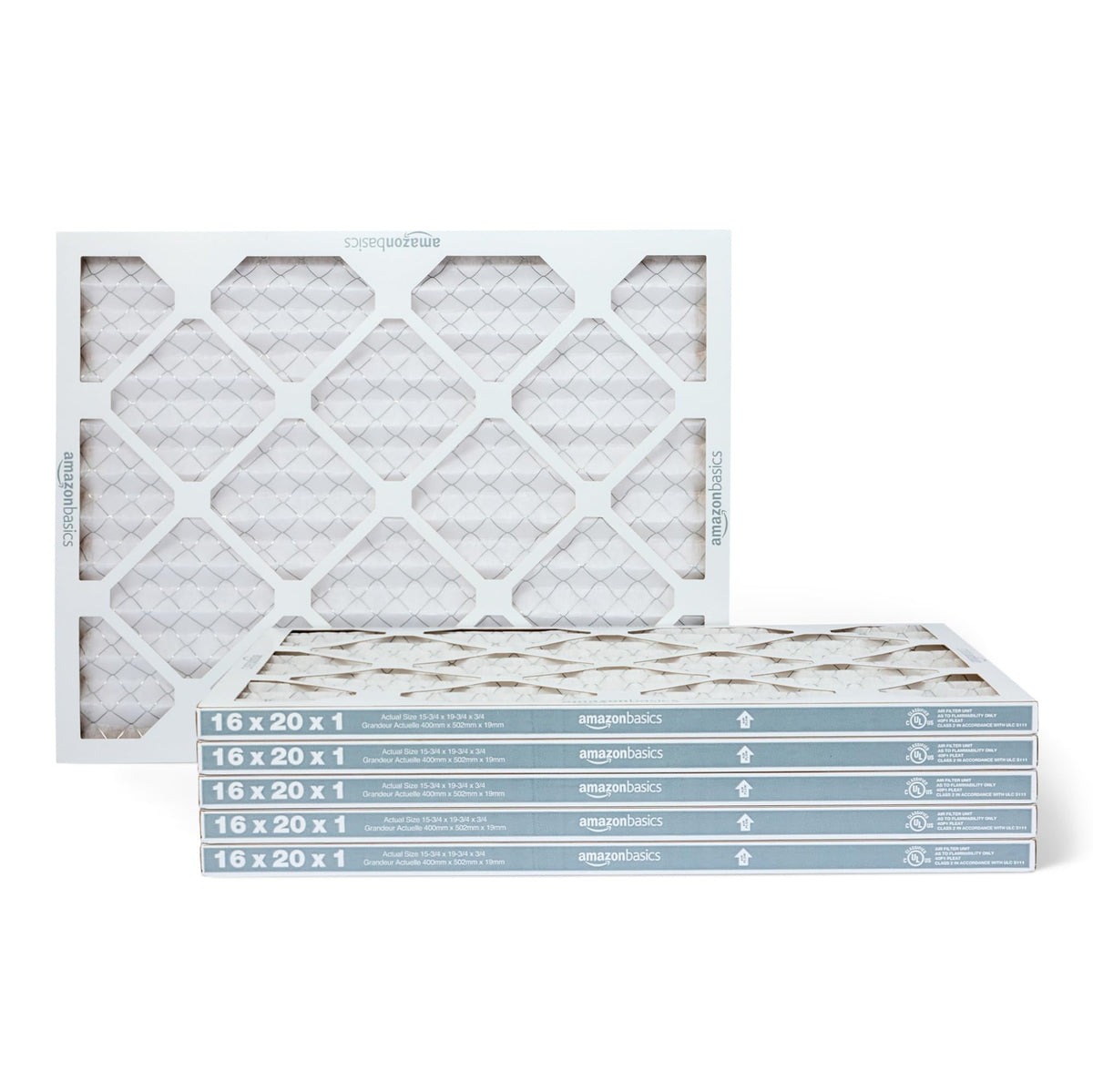 Amazon Basics MERV 5 furnace filter close-up highlighting filtration surface for cleaner air.