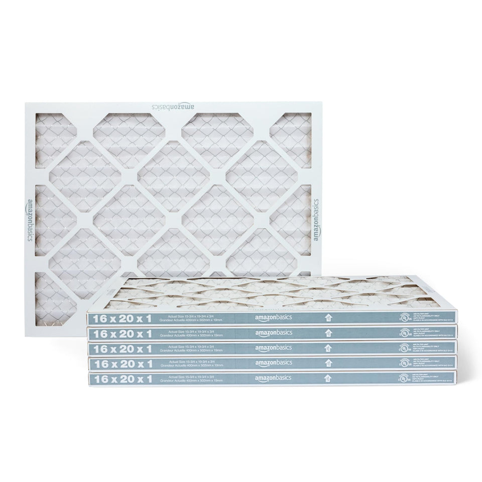 Amazon Basics MERV 5 furnace filter close-up highlighting filtration surface for cleaner air.