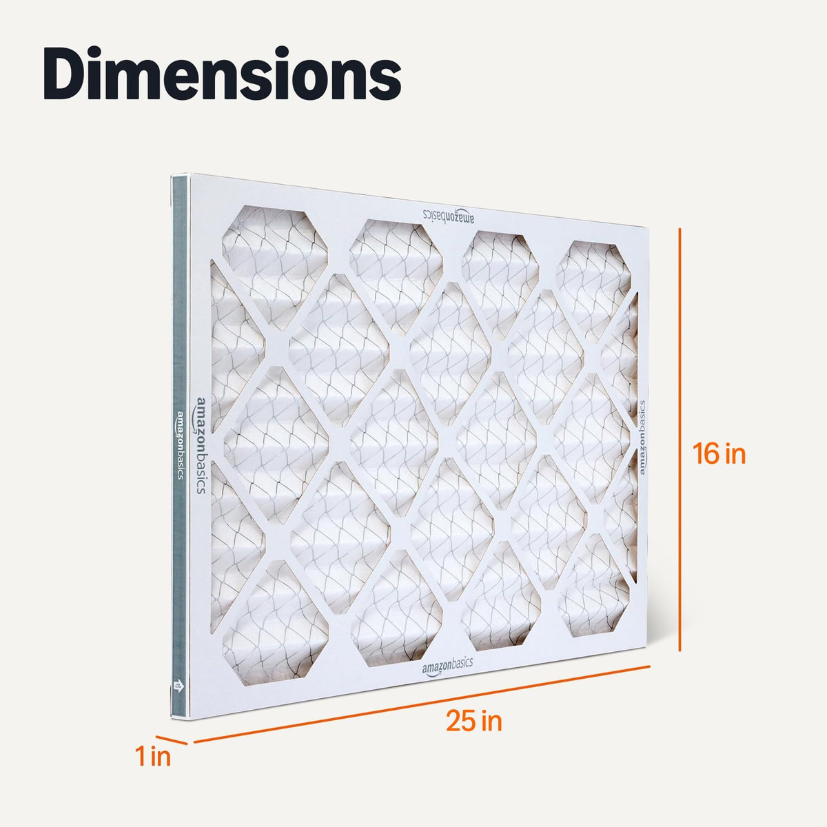 Actual size notice for Amazon Basics MERV 5 filter: 15.75 x 24.75 x 0.75 inches.