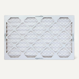 Close-up of Amazon Basics MERV 5 filter highlighting electrostatic filtration.