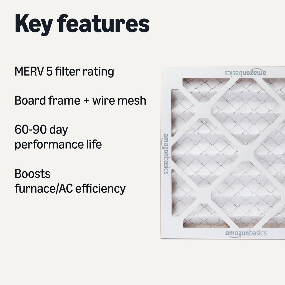 Amazon Basics MERV 5 air filter close-up reveals fine media.