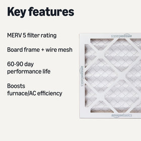 Amazon Basics MERV 5 air filter close-up reveals fine media.