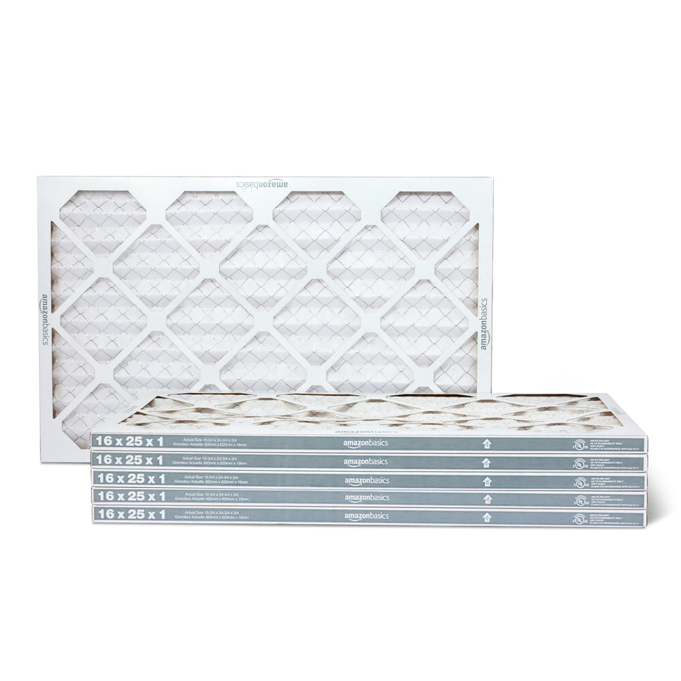 Amazon Basics MERV 5 air filter front view with a durable frame for easy installation.