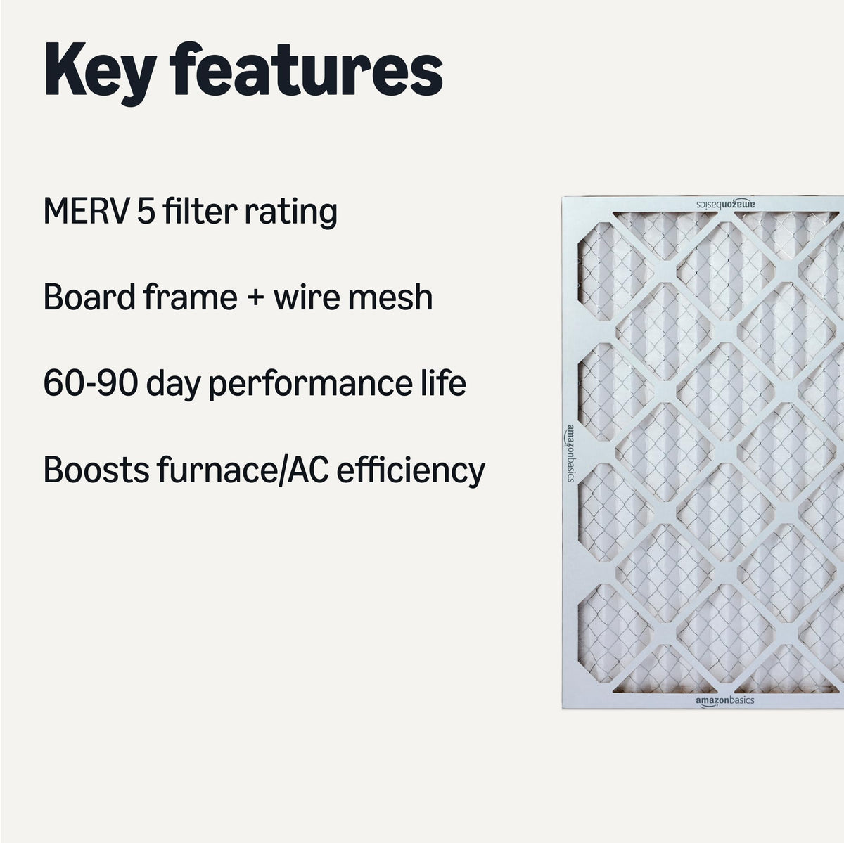 Amazon Basics MERV 5 air filter side view illustrating snug furnace or AC fit.