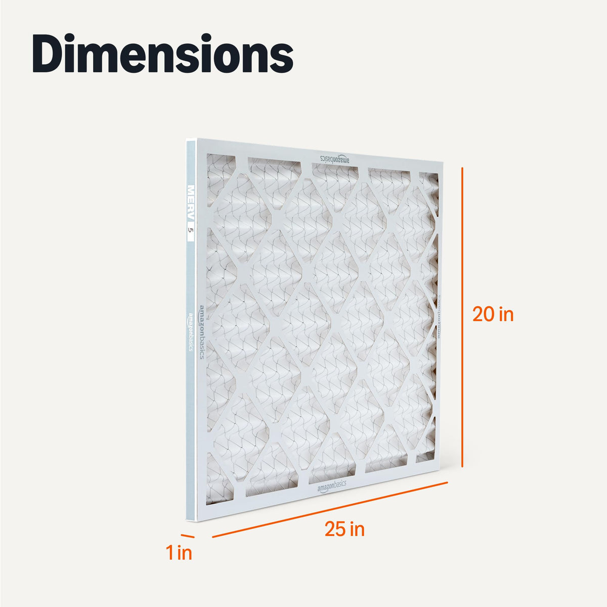 Amazon Basics MERV 5 filter dimensions label shows 20x25x1 inches