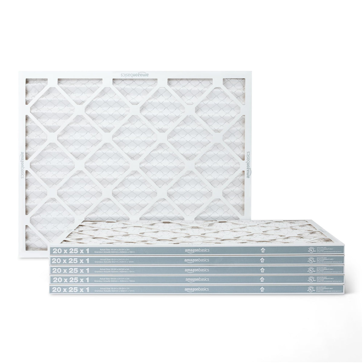 Amazon Basics MERV 5 filter front view in six-pack, ready for cleaner indoor air