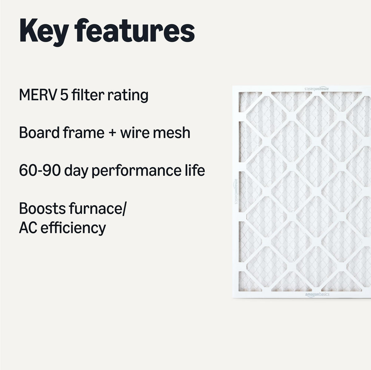 Amazon Basics MERV 5 filter packaging shown for easy replacements