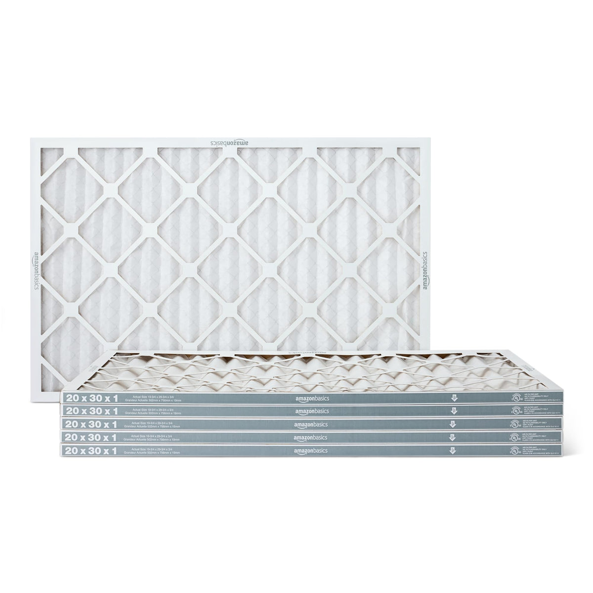 Amazon Basics MERV 5 furnace filter box shows six-pack packaging for easy replacements.