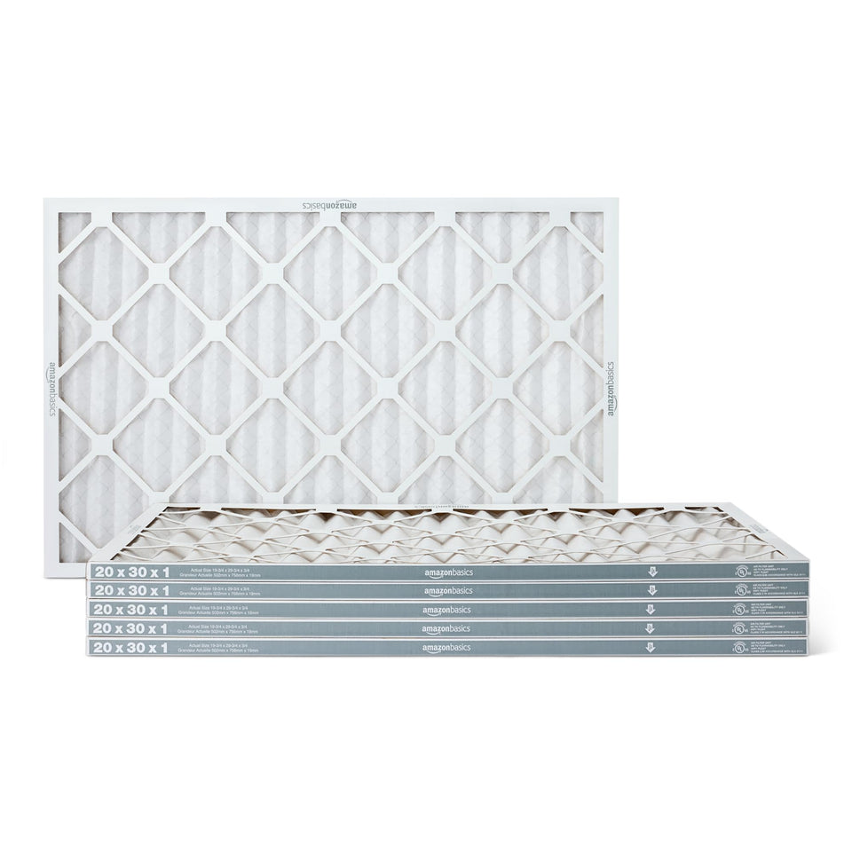 Amazon Basics MERV 5 furnace filter box shows six-pack packaging for easy replacements.