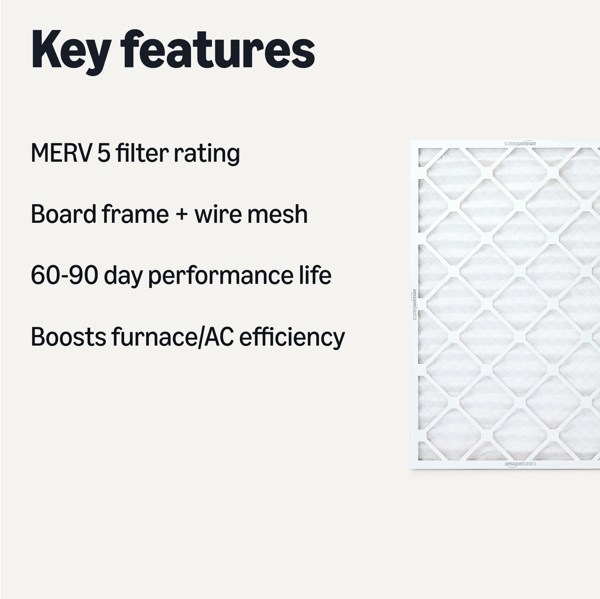 Amazon Basics MERV 5 filter six-pack on display highlights convenient replacement options.
