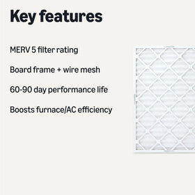 Amazon Basics MERV 5 filter six-pack on display highlights convenient replacement options.