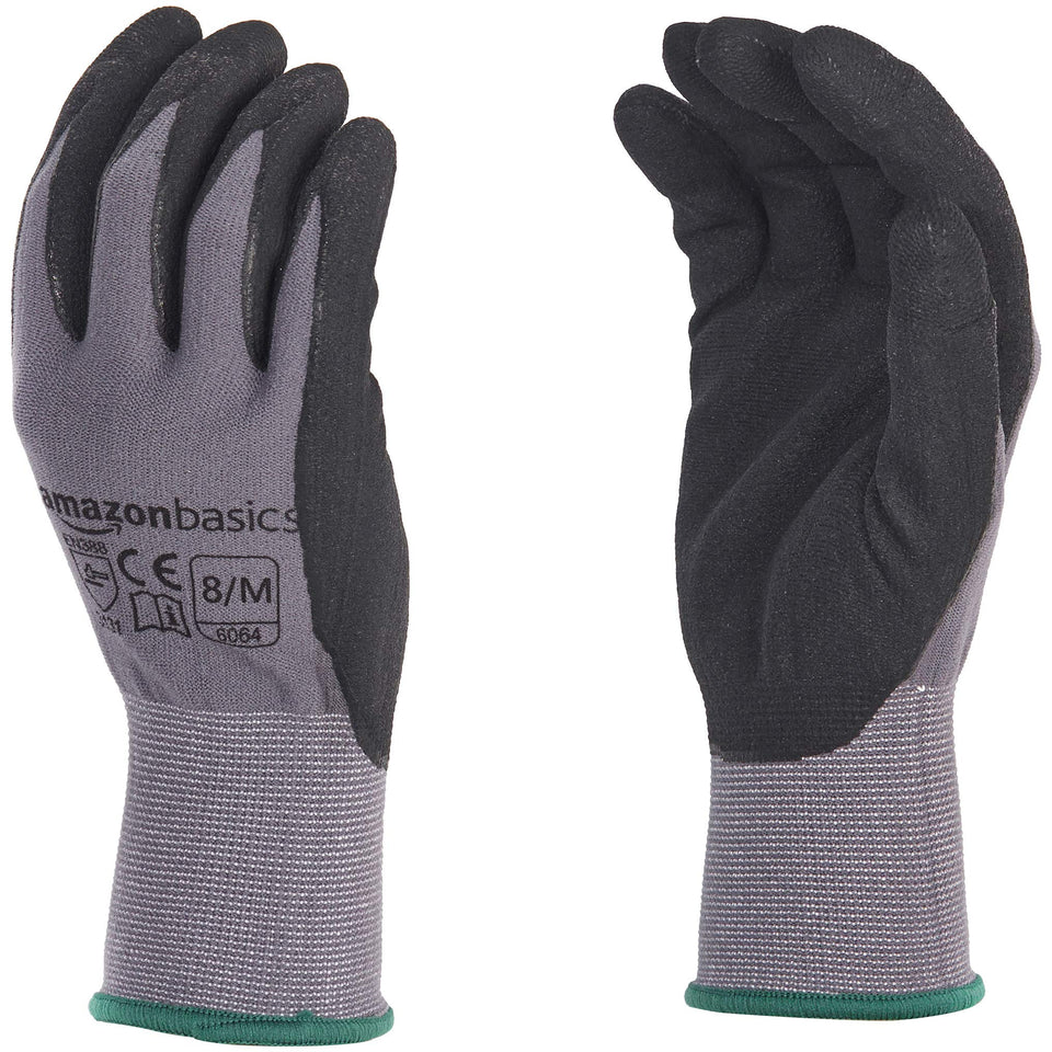 Amazon Basics micro-foam nitrile-coated gloves with grip for secure handling across tasks.