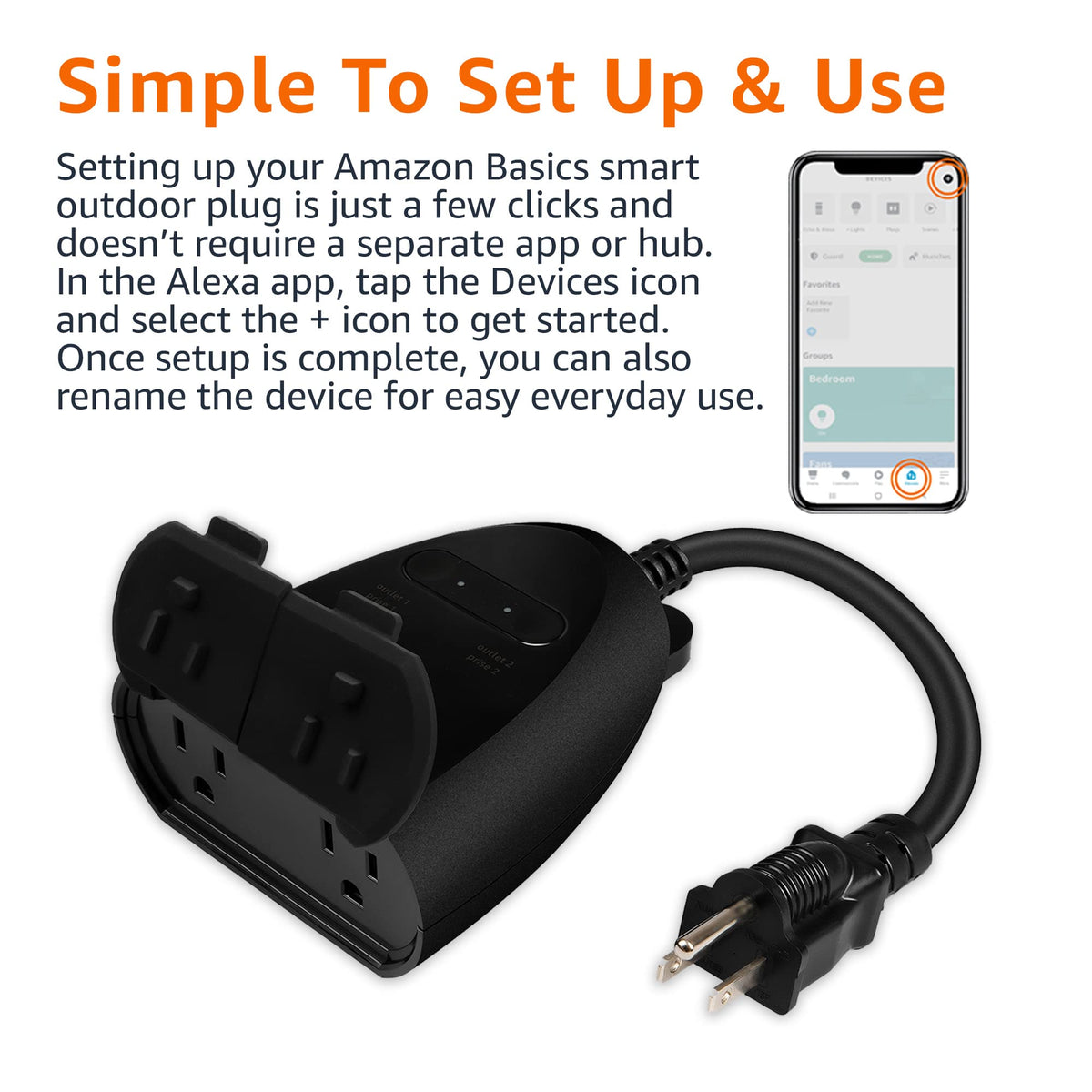 Amazon Basics Outdoor Plug showing Alexa setup for hands-free control.