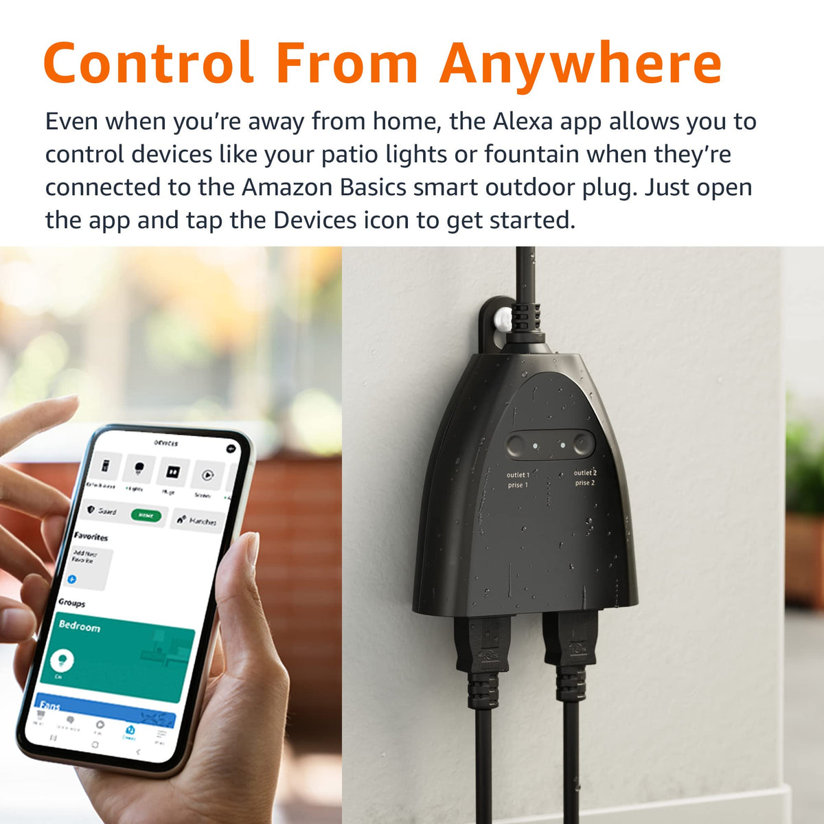 Amazon Basics Outdoor Plug IP65 weather-resistant housing protects against rain.