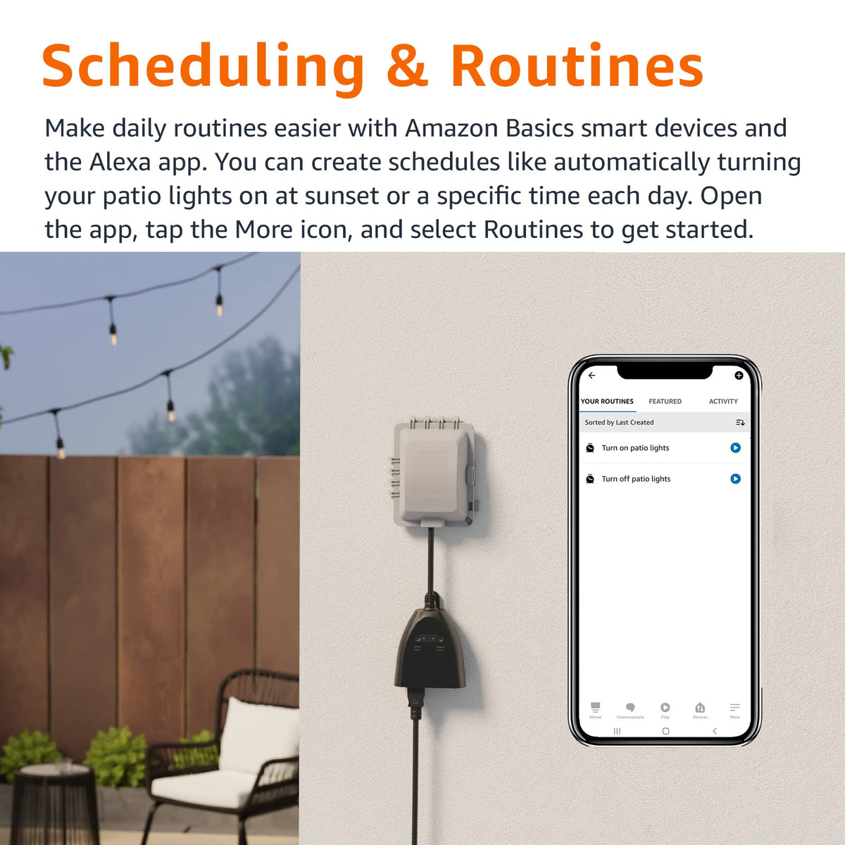 Amazon Basics Outdoor Plug with two independently controlled outlets.
