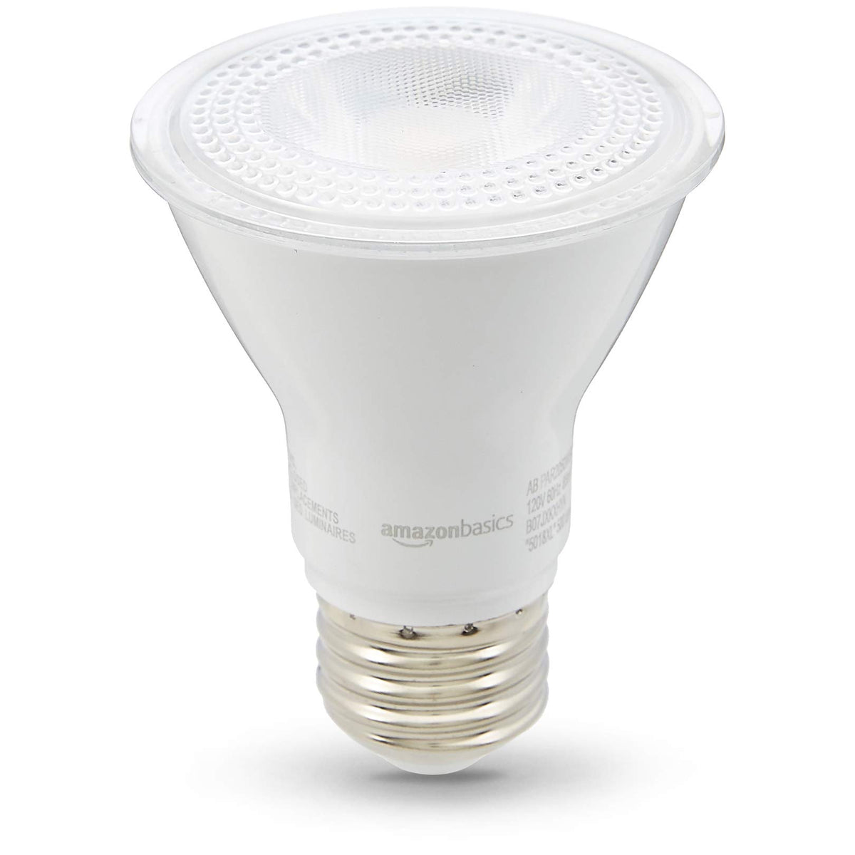 Amazon Basics PAR20 LED bulb with E26 base, close-up, reliable dimmable lighting for rooms.