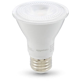 Amazon Basics PAR20 LED bulb with E26 base, close-up, reliable dimmable lighting for rooms.