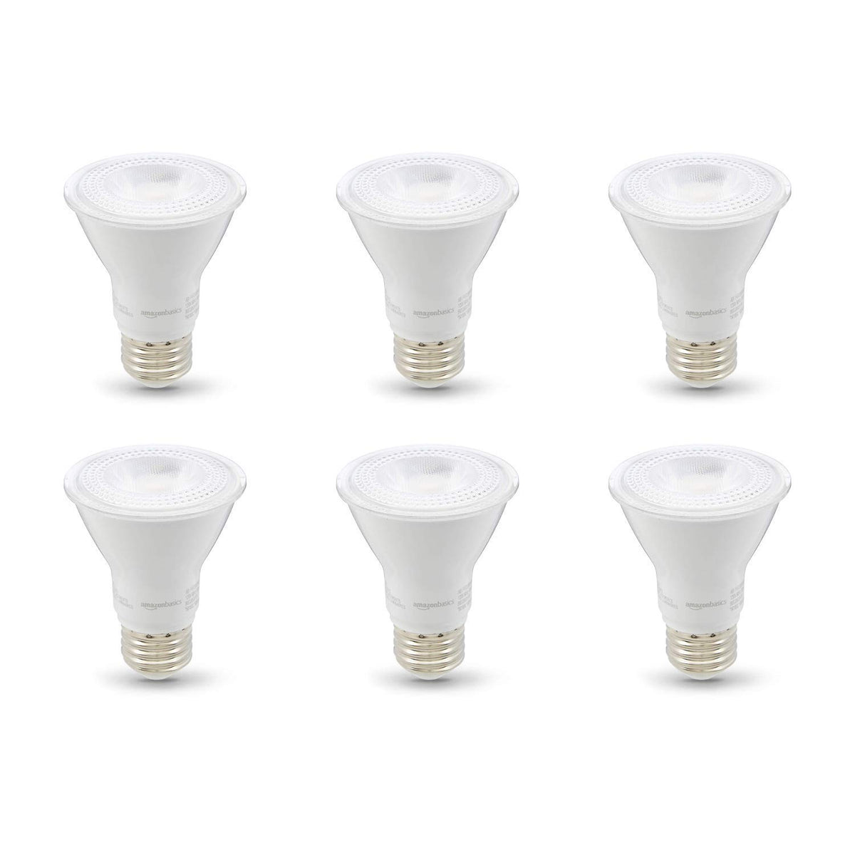 Amazon Basics PAR20 LED bulb, warm white 3000K, front view, energy-efficient lighting for living spaces.