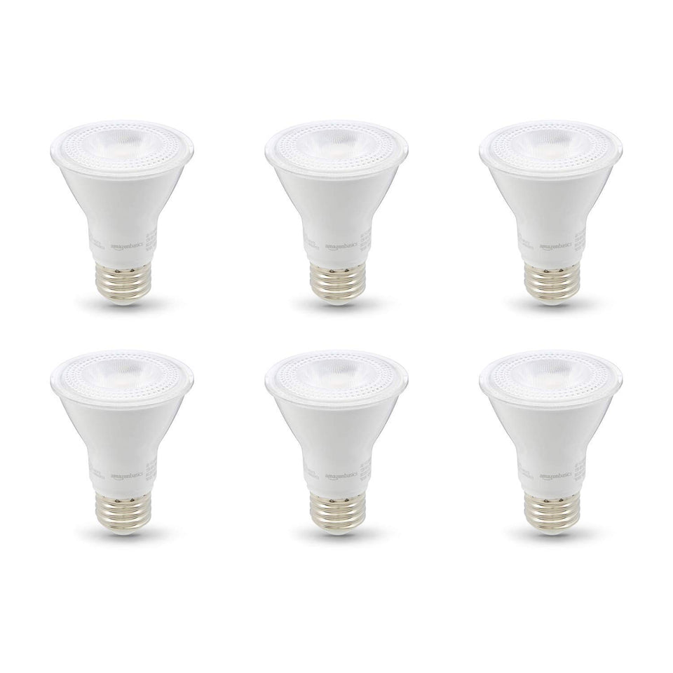 Amazon Basics PAR20 LED bulb, warm white 3000K, front view, energy-efficient lighting for living spaces.