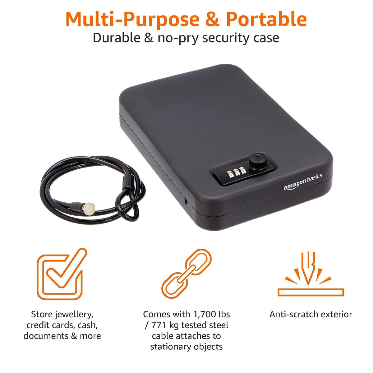 Amazon Basics portable security case combo lock close-up highlights zinc alloy mechanism.