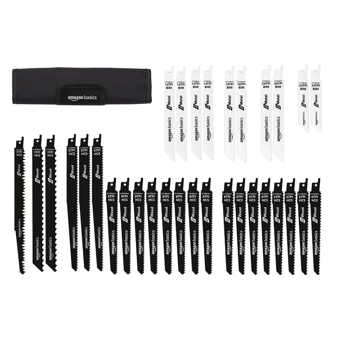 Amazon Basics reciprocating saw blade set with organizer pouch for easy transport.