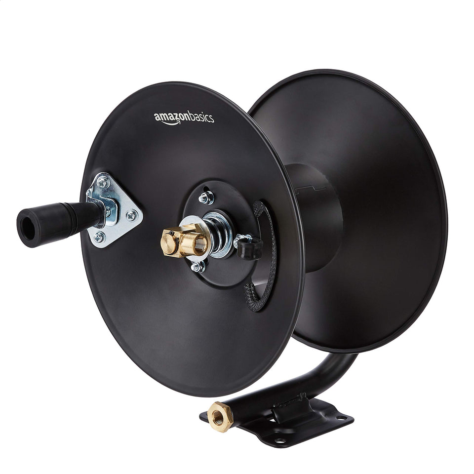 Amazon Basics retractable air hose reel with 50 ft reach for easy workshop access.