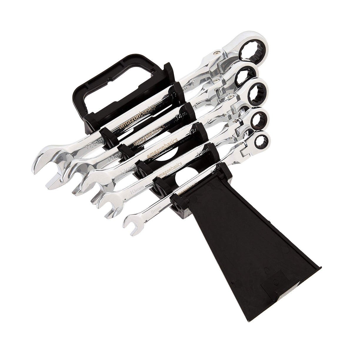 Amazon Basics ratcheting wrench demonstrating 180 degree flex for versatile access