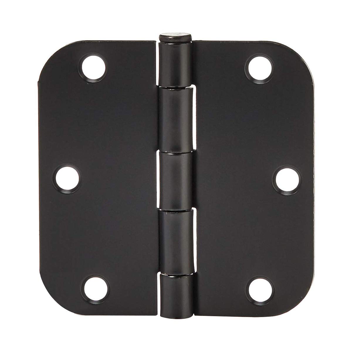 Amazon Basics rounded hinge closeup in matte black showing durable steel construction.
