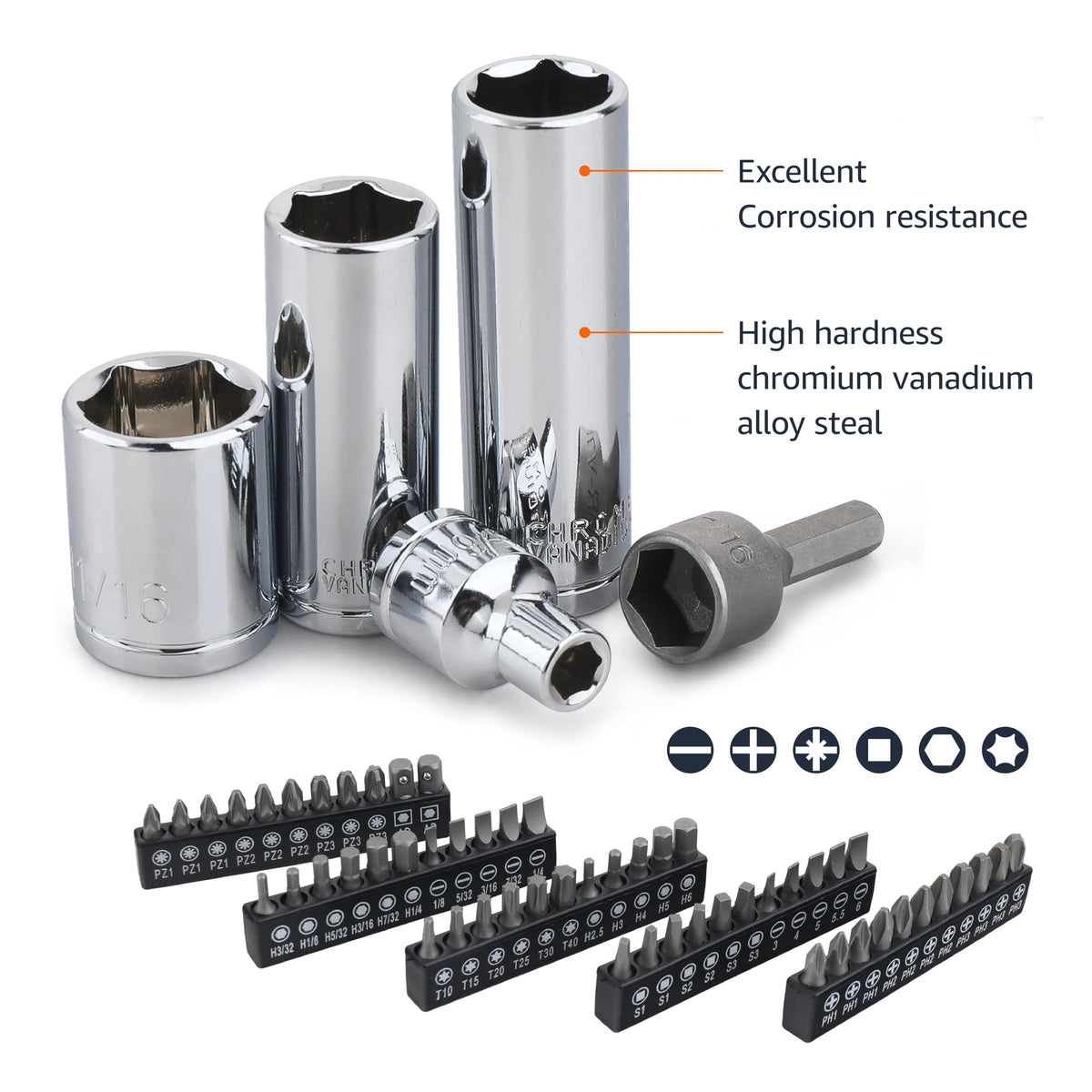 Amazon Basics SAE and Metric sizes socket set for versatile fastener compatibility.