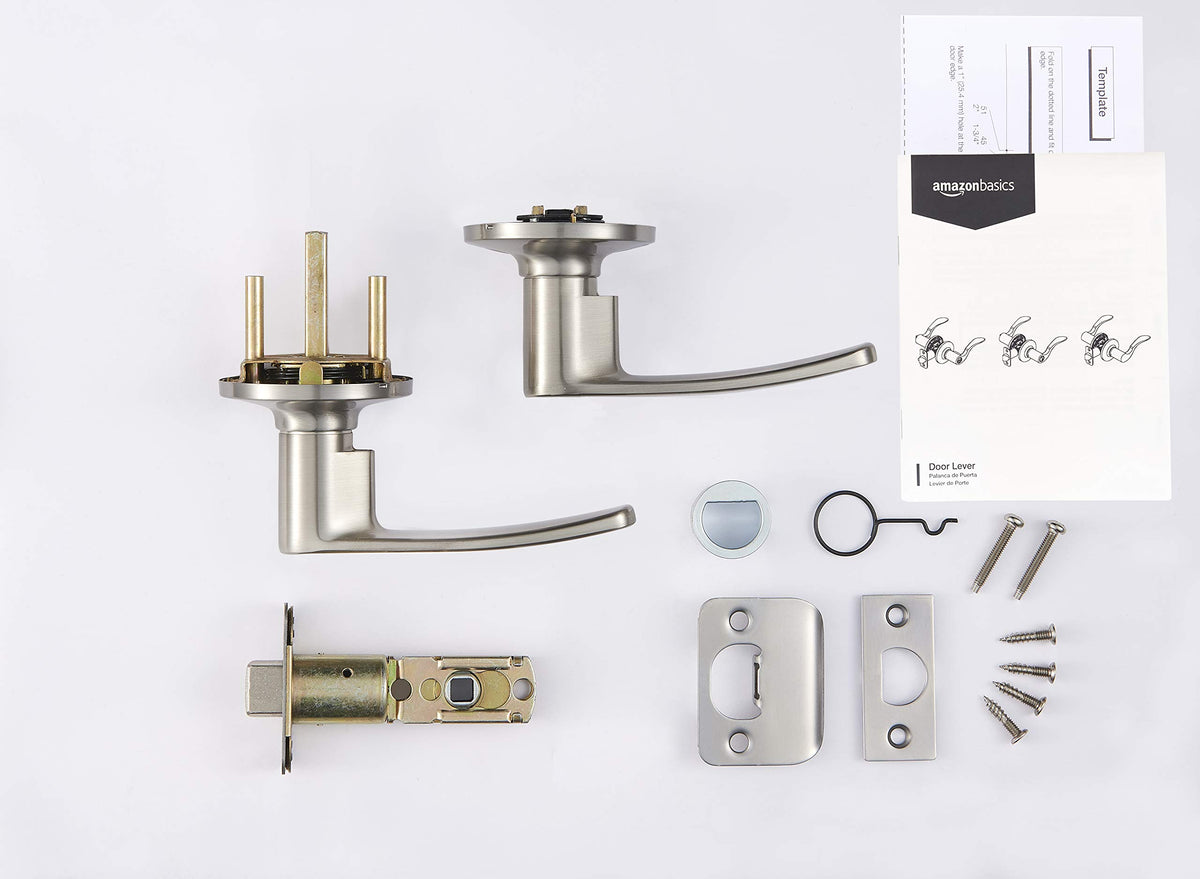 Amazon Basics satin nickel lever shown on a 1-3/4 inch door for versatile fit.