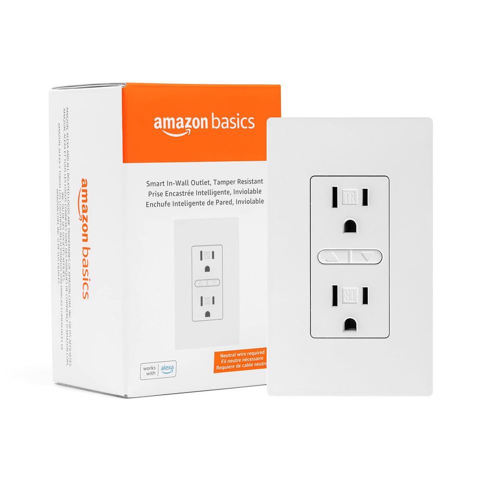 Amazon Basics Smart In-Wall Outlet front view shows discreet, white design for elegant integration
