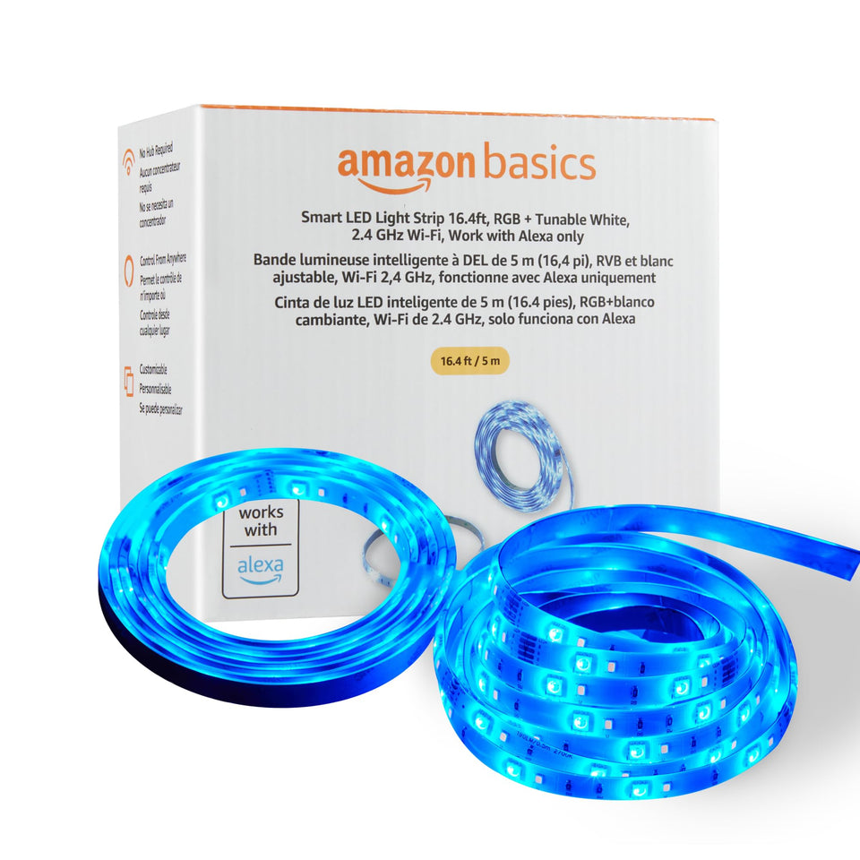 Amazon Basics smart LED strip adds ambient lighting to a living room setting.
