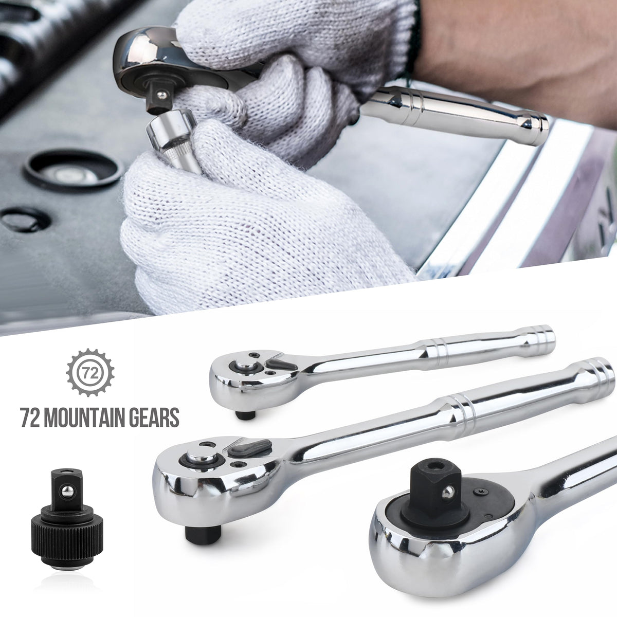 Amazon Basics socket set layout showing metric and SAE sockets for versatility.