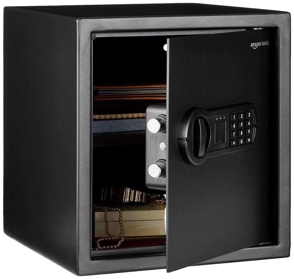 Amazon Basics steel home safe with digital keypad front view for quick, secure access