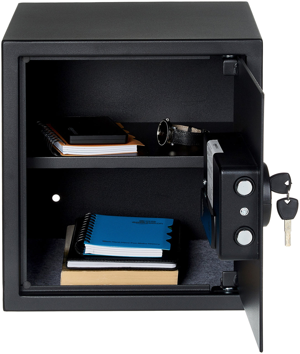 Amazon Basics interior shelf shows organized storage for documents and jewelry