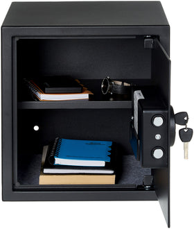 Amazon Basics interior shelf shows organized storage for documents and jewelry