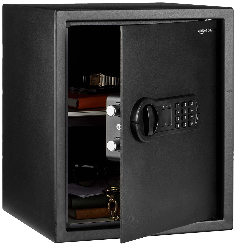 Amazon Basics steel safe front view, showcasing sturdy construction for valuables