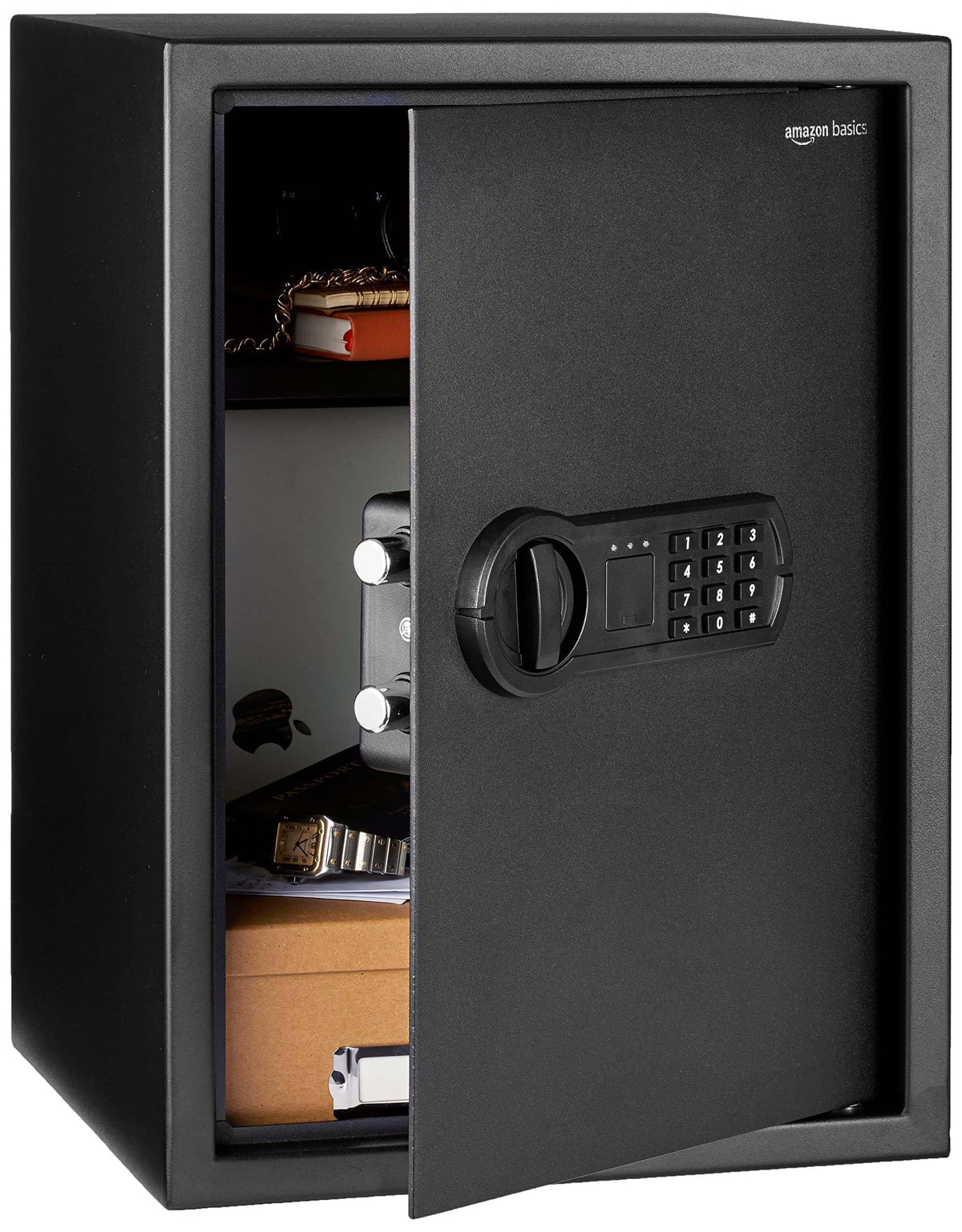Amazon Basics steel safe with keypad for quick, secure access to valuables