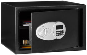 Amazon Basics steel security safe with digital keypad for quick access.