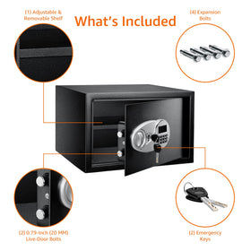 Sturdy Amazon Basics safe with open door showing interior capacity and space.