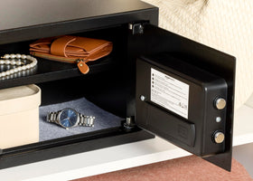 Amazon Basics steel security safe electronic keypad on door emphasizes controlled access.