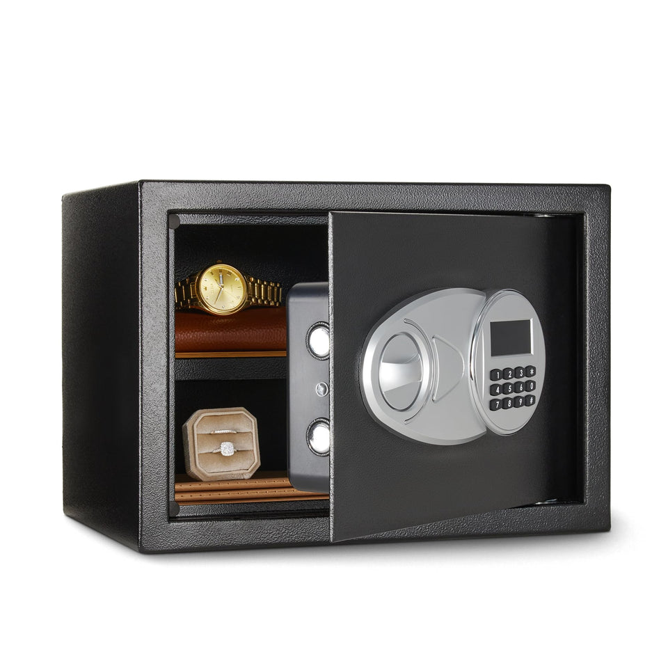 Amazon Basics steel security safe exterior front view highlighting sturdy construction for quick access.