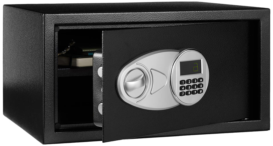 Amazon Basics steel security safe front view with keypad for quick access