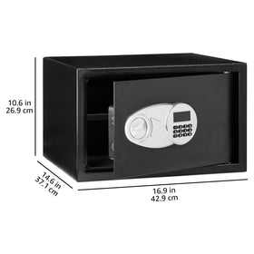 Adjustable interior shelf in Amazon Basics safe for organized storage.