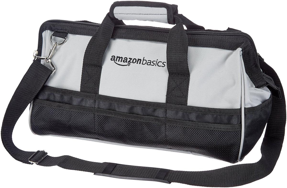 Amazon Basics 16-inch tool bag front view with exterior pockets for quick access.